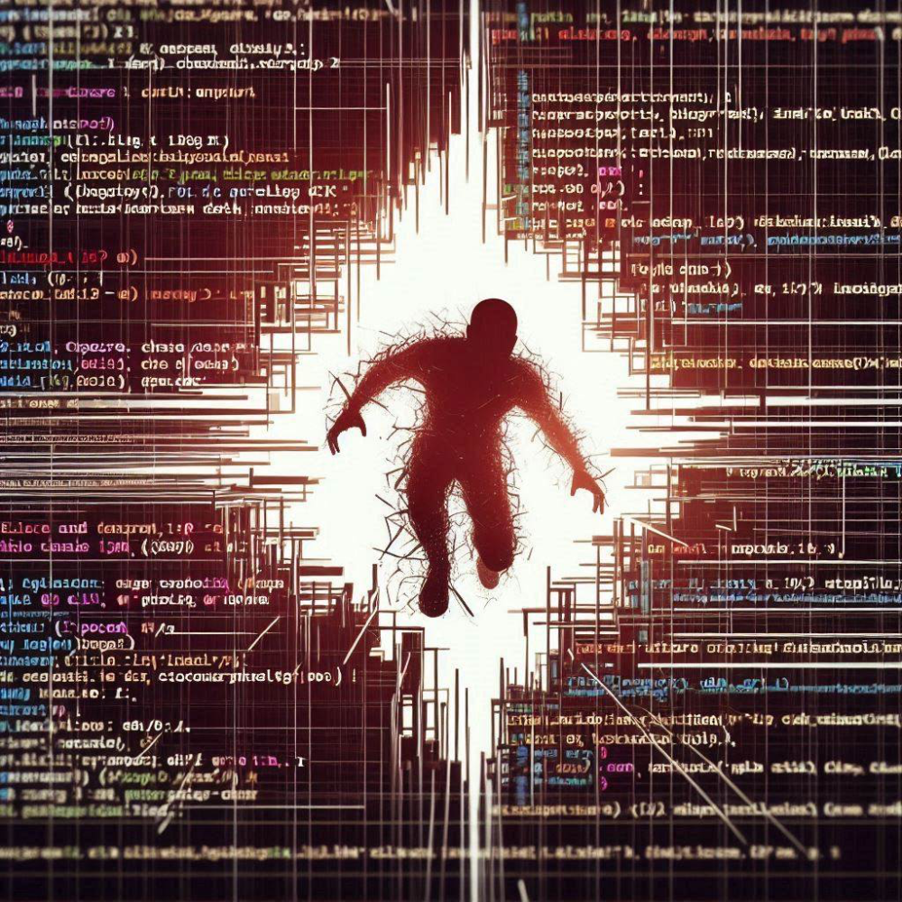 A silhouette of a person appears to be breaking through a digital barrier surrounded by lines of code, symbolizing a breakthrough or escape in the digital world.