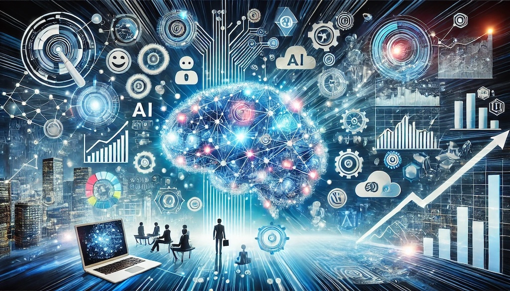 A vibrant, futuristic visual representing the application of AI in business. The image features a central glowing brain symbolizing AI, surrounded by icons such as gears, graphs, clouds, and data streams. Digital elements like a laptop, business charts, and network connections emphasize the role of AI in transforming industries through data processing, machine learning, and business analytics.