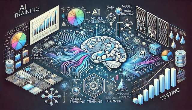 An informative and colorful visual representing the AI training process. The image illustrates various stages, including data collection, model training, and testing. It features a central brain connected to digital data streams, surrounded by icons and graphs representing diverse datasets, neural networks, and machine learning algorithms. The image also highlights different learning methods, such as supervised and unsupervised learning, with graphs tracking progress in the testing phase.