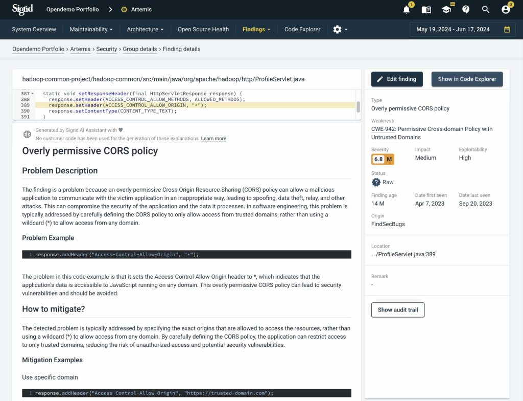 Screenshot of the Sigrid® showing the new AI Explanations feature. The screen details an “overly permissive CORS policy" issue with a problem description, example, and mitigation advice. It highlights AI-generated explanations for better understanding and resolving software issues, with traceability to the source code. The interface includes options for editing the finding and viewing the code in the Code Explorer.