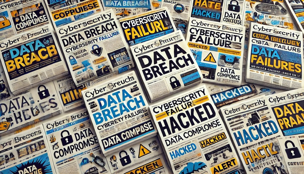 A collage of newspapers with headlines about cybersecurity breaches and failures. The prominent terms include "Data Breach," "Cybersecurity Failure," "Hacked," "Data Compromise," and "Data Leak." The newspapers feature a variety of fonts, colors, and layouts, with images of locks, warning symbols, and data charts, emphasizing the urgency and impact of cybersecurity incidents.