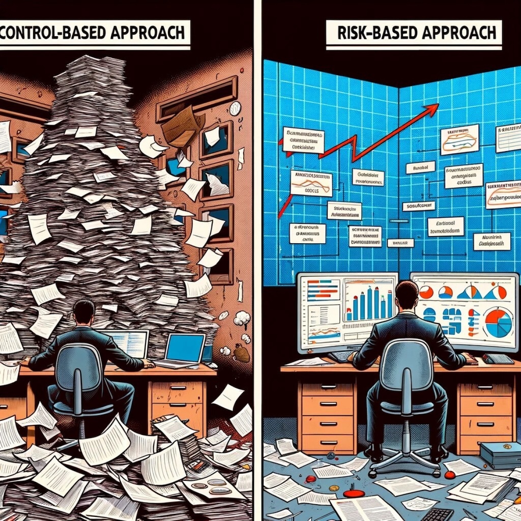 A split-screen illustration comparing a control-based approach and a risk-based approach. On the left, labeled "Control-Based Approach," a person sits overwhelmed at a desk buried under a massive pile of paperwork, with documents flying everywhere, depicting chaos and inefficiency. On the right, labeled "Risk-Based Approach," a person sits at a tidy desk with multiple computer screens displaying organized charts, graphs, and data on a large wall screen, showing a structured, efficient, and data-driven environment.