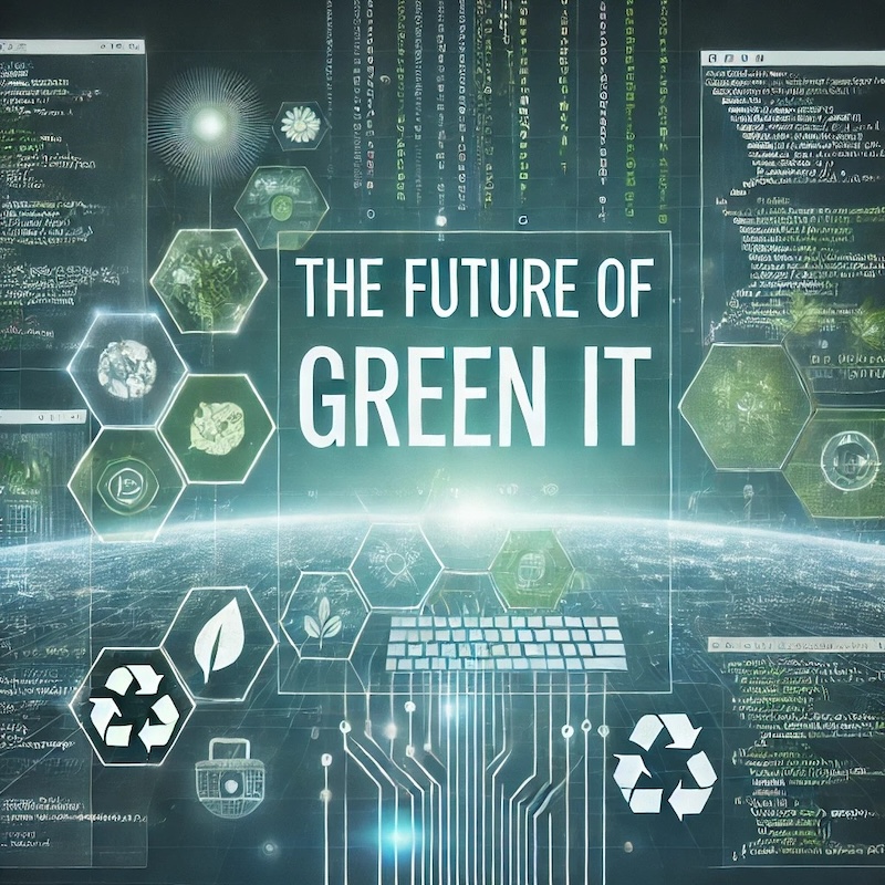 A futuristic digital interface featuring 'The Future of Green IT' text, surrounded by icons of recycling, leaves, and sustainable technology, representing the forward-looking role of Green IT and eco-friendly software development.