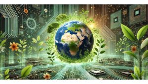 A digital representation of the Earth surrounded by lush green leaves and eco-friendly technology circuits, symbolizing the concept of Green IT and sustainable computing practices for reducing the environmental impact of technology.