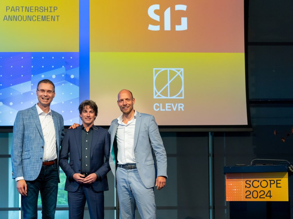 Raymond Kok (CEO of Mendix), Luc Brandts (CEO of Software Improvement Group), and Jeroen Hanekamp (CEO of CLEVR) together on stage at the IT leadership event SCOPE 2024.