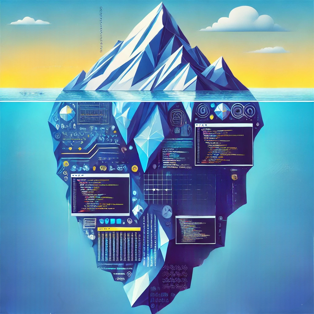 An illustration of an iceberg with its visible tip above water and a larger, more complex structure below the surface. The submerged portion of the iceberg is depicted as composed of various screens, interfaces, and lines of code, symbolizing the hidden complexities of cybersecurity or data management. The above-water part is simple and serene, set against a backdrop of a calm sea and a clear sky with a few clouds, representing the visible and straightforward aspects of a system.