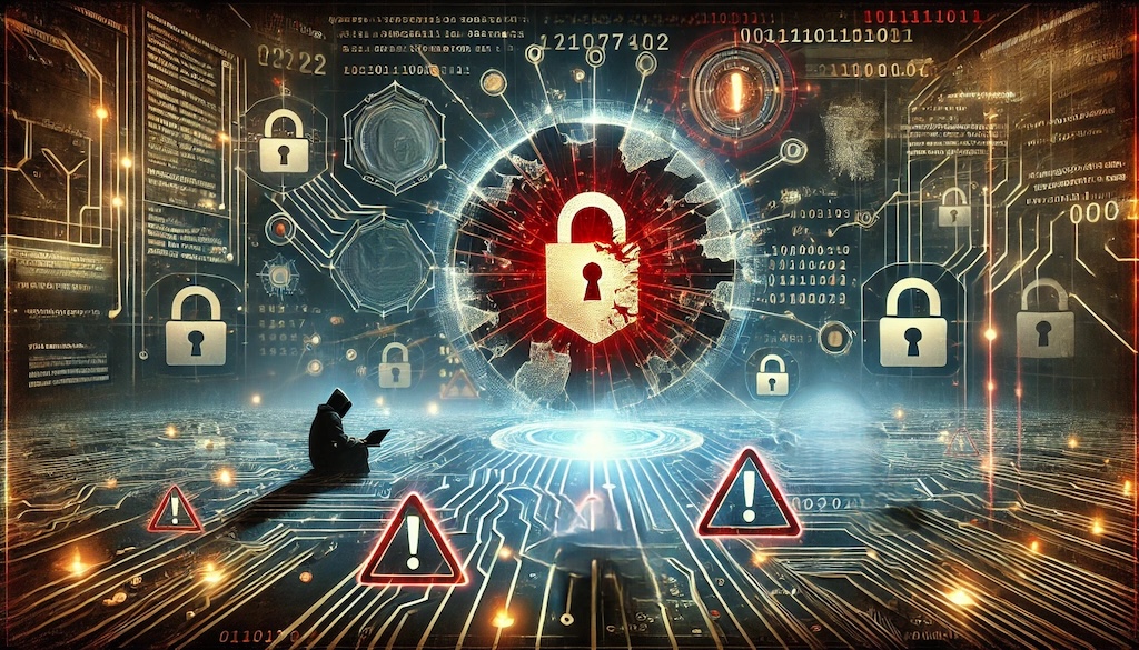 An abstract digital illustration depicting a security breach. The central focus is a large padlock icon, cracked and highlighted in red, symbolizing the breach. Surrounding it are various digital elements, including lines of code, circuit patterns, and smaller padlock icons. The background features a complex network of interconnected nodes and circuits, some of which are highlighted in red to indicate vulnerability. In the foreground, warning symbols such as exclamation marks are flashing. The overall atmosphere is tense and chaotic, representing the urgency and danger of a cybersecurity breach.